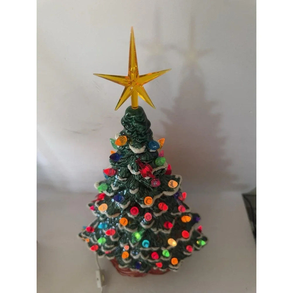 Vintage 1987 Lighted Ceramic Christmas Tree Snow Flocked Multi Color Bird Bulbs